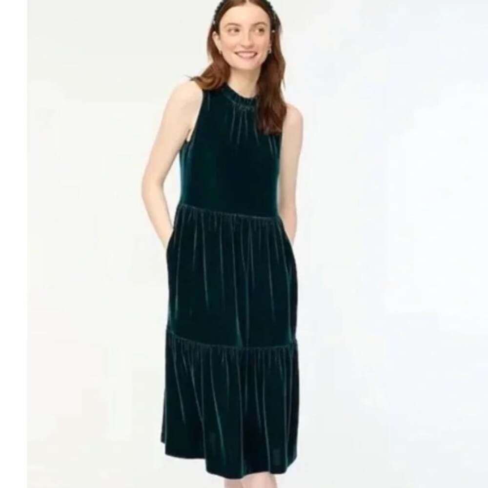 NWT J. Crew Velvet Tiered Midi Dress Old Forest Green BV966 Size 8